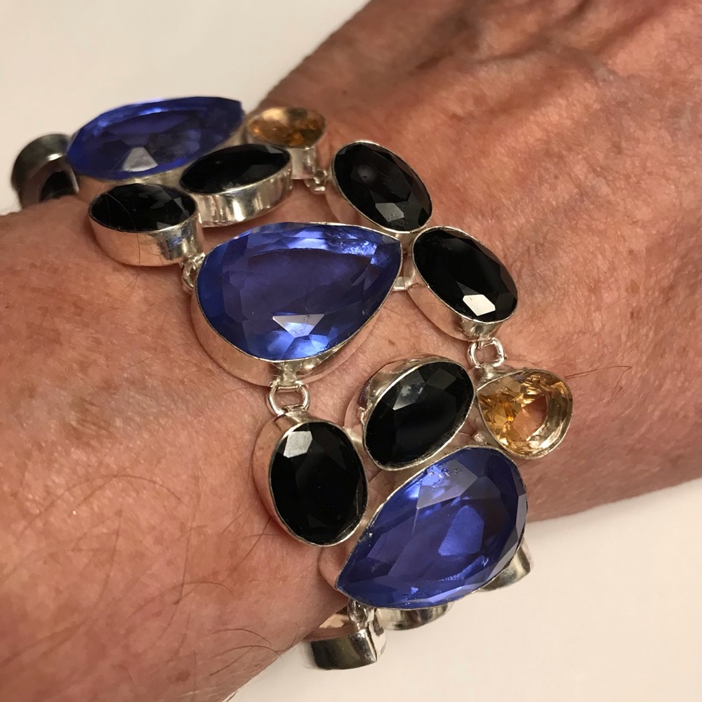 Blue Topaz Blue Sapphire Morganite Stamped 925 Sterling Silver Bracelet